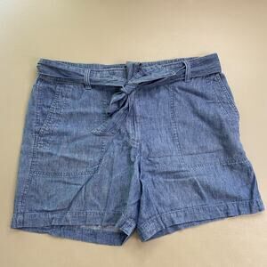 Talbots Linen Blend Cargo Shorts 12 Chambray Blue Belted High Waist Elastic 36x6